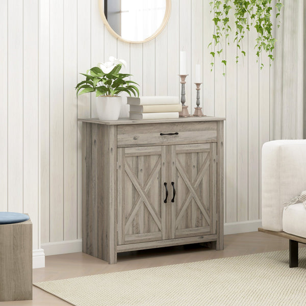 English Elm HOMCOM Rustic Farmhouse Sideboard Buffet Cabinet with Barn Doors, Drawer & Adjustable Shelves for Entryway Gray Wash W2225P229124
