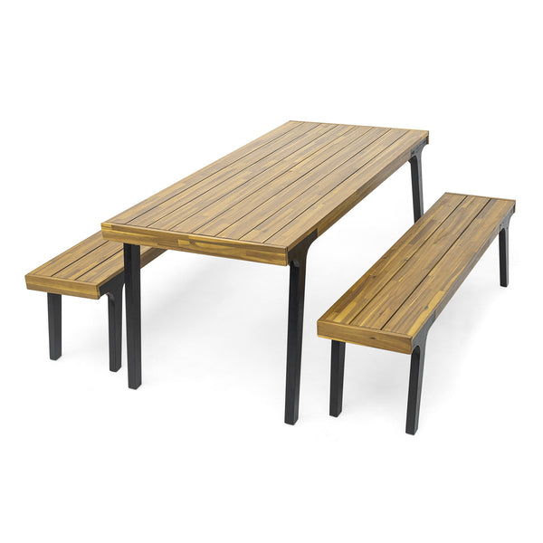 English Elm Christopher Knight Home® - 1 Acacia Outdoor Dining Table with 2 Benches - UV‑Treated Polywood Slats, Rust‑Resistant Metal Frame, Seats 6 74323.00_74322.00