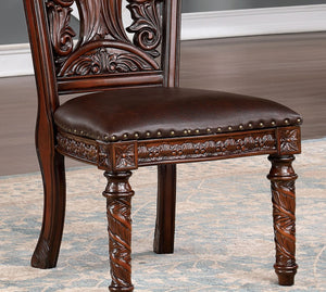 English Elm Traditional Side Chairs Set Of 2 - Brown Cherry Leatherette Seats With Carved Wood Details, Elegant Dining B011P234703-GIGA