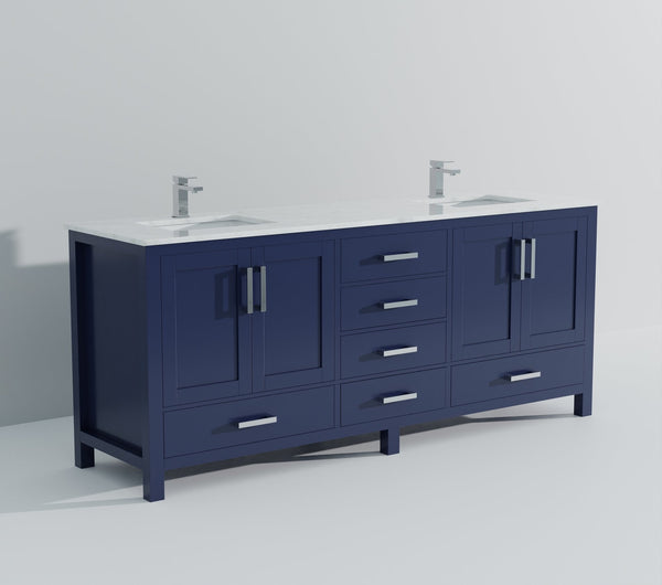 English Elm Navy Double Bath Vanity 84" W x 22" D with Carrara Marble Top, Chrome Faucet, Soft-Close Drawers, Ample Storage B2731P259164