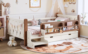 English Elm Twin Pine Floor Bed with Guardrails Built-in Bookcases and Stair Steps for Kids Beige W1580P430199