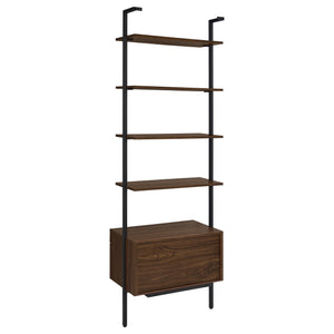 English Elm Wendell Rustic Walnut 4-Shelf Wall Bookcase with Drawer — Space-Saving Engineered Wood Storage, 96" high B062P375508