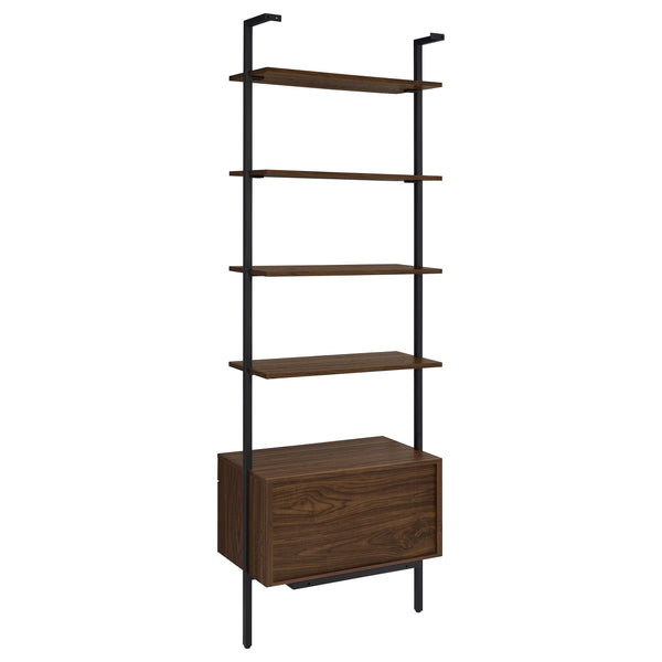 English Elm Wendell Rustic Walnut 4-Shelf Wall Bookcase with Drawer — Space-Saving Engineered Wood Storage, 96" high B062P375508
