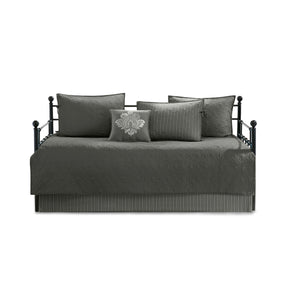 JLA Home Madison Park - 6 Reversible Daybed Cover Set with Antimicrobial Protection, Quilted Texture, Striped Skirt & Pillow Dark Grey MP13-6458