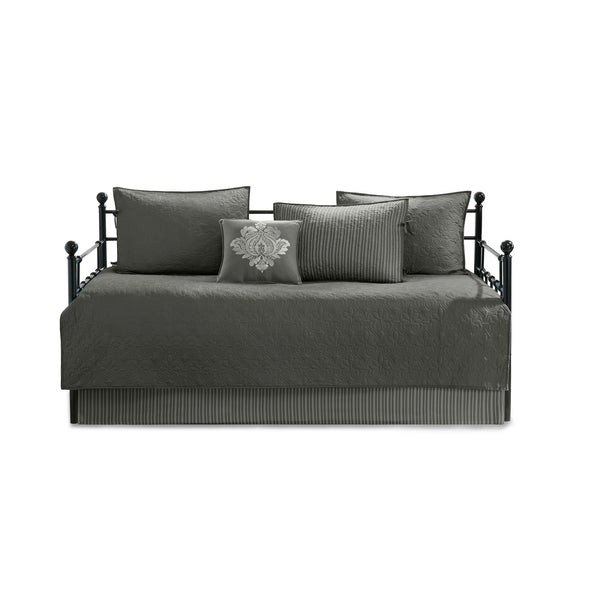 JLA Home Madison Park - 6 Reversible Daybed Cover Set with Antimicrobial Protection, Quilted Texture, Striped Skirt & Pillow Dark Grey MP13-6458