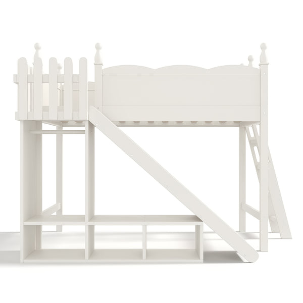 English Elm Twin Loft Bed Solid Pine Frame with Wardrobe Shelving Detachable Slide Kids Room Beige W5305S00018