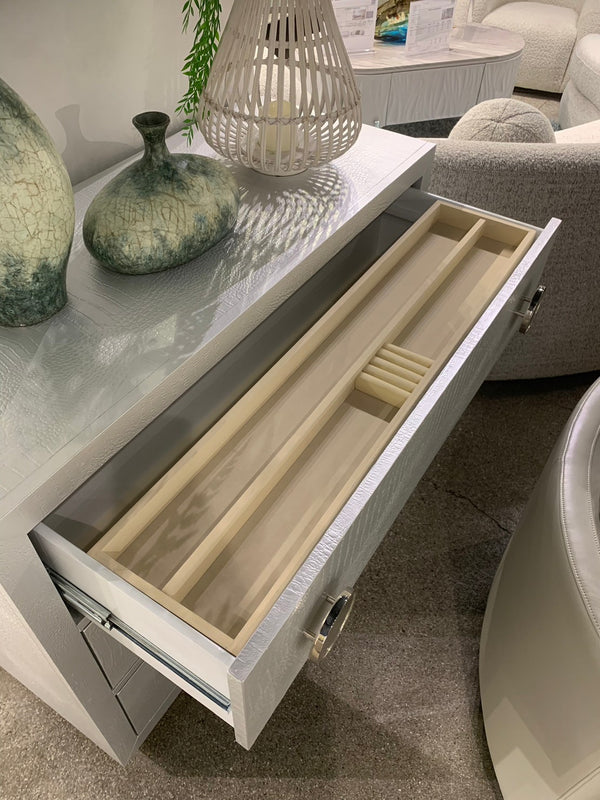 English Elm Anpu Silver Faux Crocodile Console Cabinet with 3 Drawers, Jewelry Tray, Full-Extension Metal Glides B2726P280184