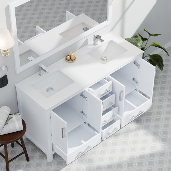 English Elm White Double Bath Vanity Set With 60" Quartz Top, Chrome Faucets, Storage, And 58" Framed Mirror B2731S00991-GIGA