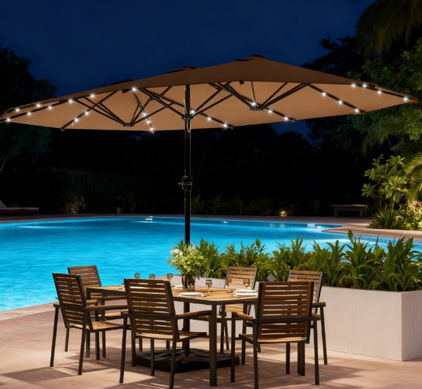 English Elm Double-sided Patio Umbrella with 36 Solar Led Lights Steel Frame Vented Canopy T3971P426126