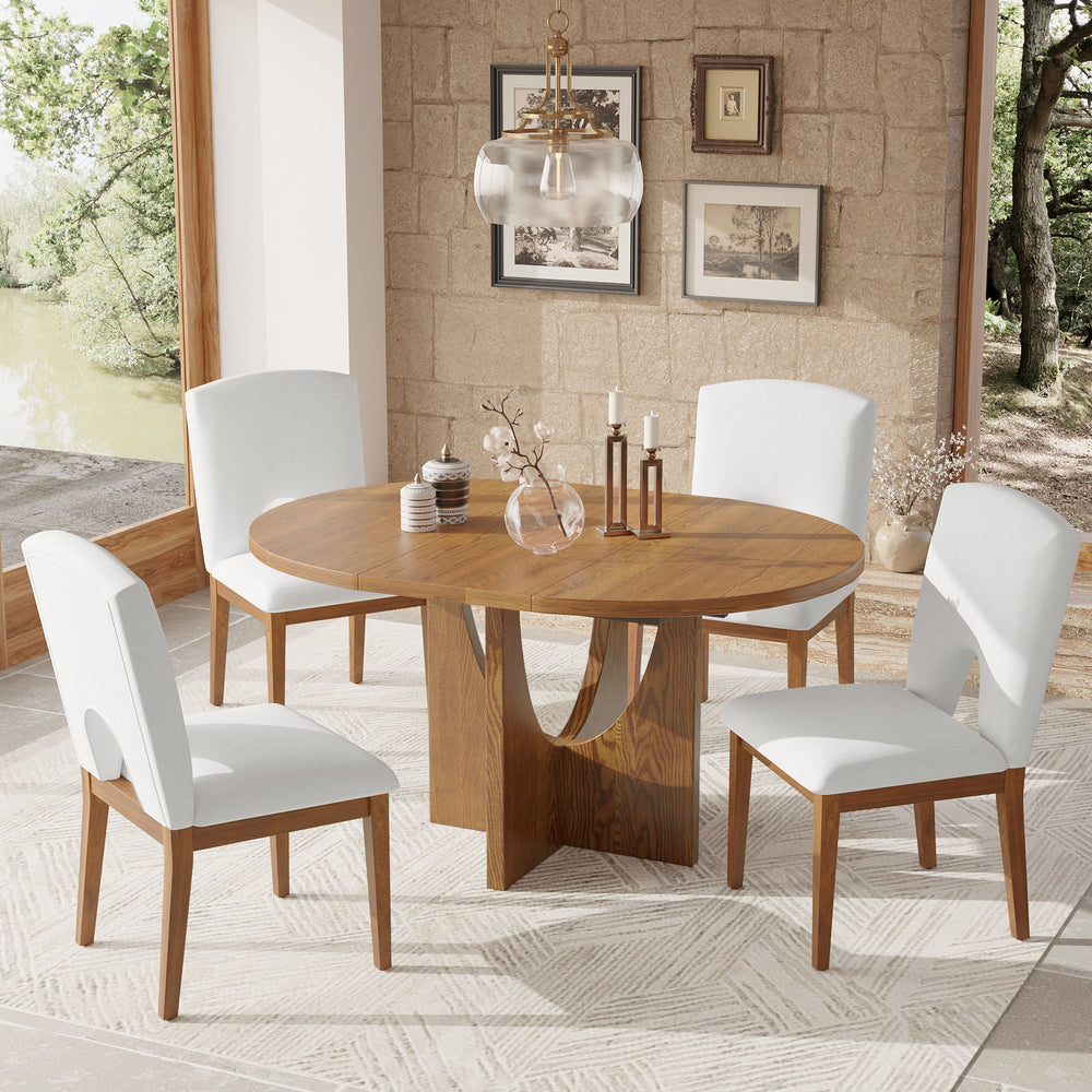 English Elm Topmax Extendable Round Dining Set with Linen Chairs and Pedestal Base Seats Five Walnut N717S000062D