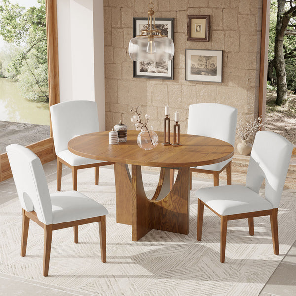 English Elm Topmax Extendable Round Dining Set with Linen Chairs and Pedestal Base Seats Five Walnut N717S000062D