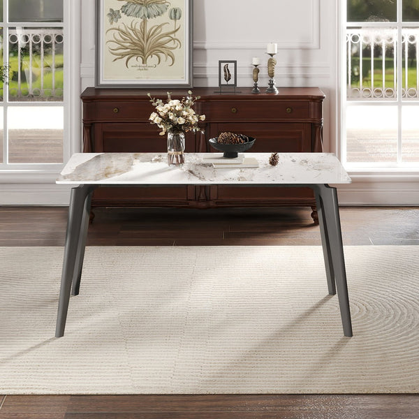 English Elm 55.12" Modern Artificial Stone Dining Table With Dark Grey Metal Legs - Seats 6, Minimalist Style W1535S00520