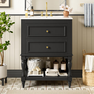 English Elm 24'' Retro Bathroom Vanity Mdf Cabinet with Ceramic Sink Open Shelf and 2 Drawers Black N710P405414B