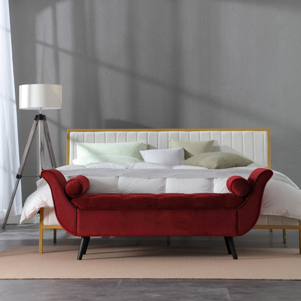 English Elm Vintage Button Tufted Velvet Storage Bench Mid Century Curved Leg Entryway Seat Red W2795P449282