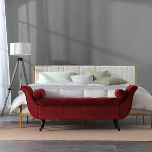English Elm Vintage Button Tufted Velvet Storage Bench Mid Century Curved Leg Entryway Seat Red W2795P449282