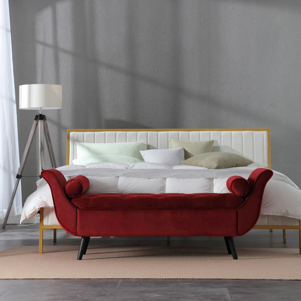 English Elm Vintage Button Tufted Velvet Storage Bench Mid Century Seat for Bedroom Entryway Red W2795P428651