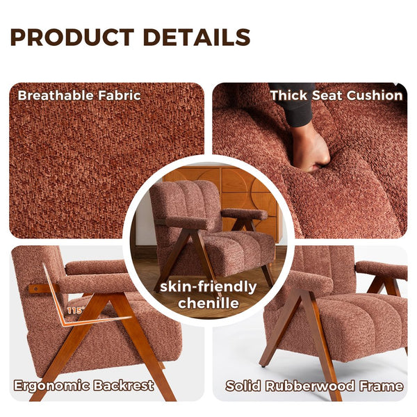 English Elm Mid-century Modern Chenille Accent Chair Cloud Silhouette Oak Frame Living Room Lounge Rust Red W1170P425436