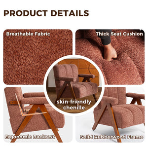 English Elm Mid-century Modern Chenille Lounge Chair Set Oak Frame Cloud Silhouette Living Room Rust Red W1170S00049