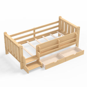 English Elm Twin Pine Floor Bed with Guardrails Built-in Bookcases and Stair Steps for Kids Light Natural W1580P430201