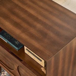 English Elm Mid Century Modern fluted nightstand with USB ports, dual outlets, drawer & open shelf, walnut finish W1801P288512