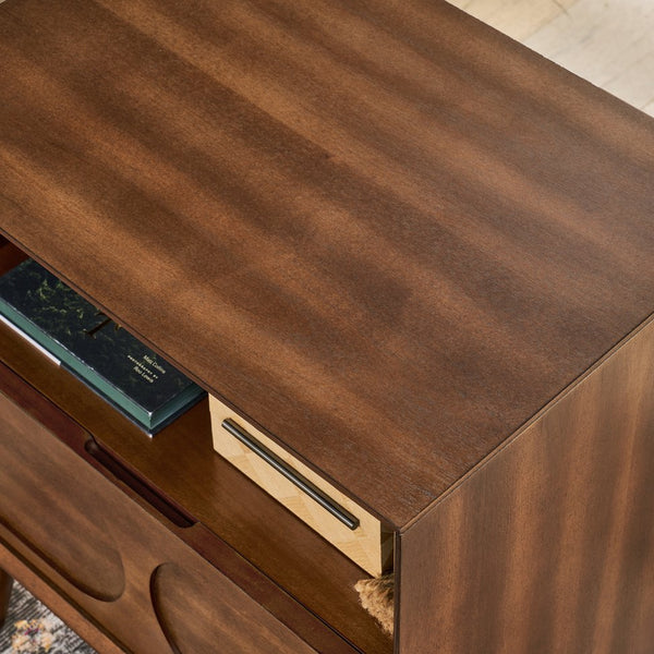 English Elm Mid Century Modern fluted nightstand with USB ports, dual outlets, drawer & open shelf, walnut finish W1801P288512