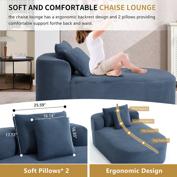 English Elm 67.5''chaise Lounge Oversized Corduroy Sleeper Sofa with Deep Seat and Two Pillows Blue W1803P409171