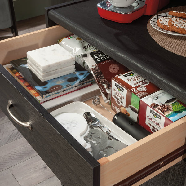 English Elm Microwave/Kitchen Cart Black finish with Drawer, Cord Management, Adjustable Shelf & Casters for Small Spaces B356P402799