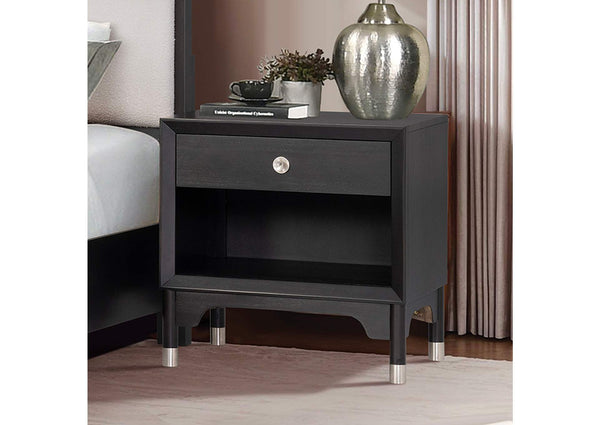English Elm Mid-century Modern Nightstand Matte Black Acacia Wood Usb Charging Tapered Legs Bedroom B2741P433341