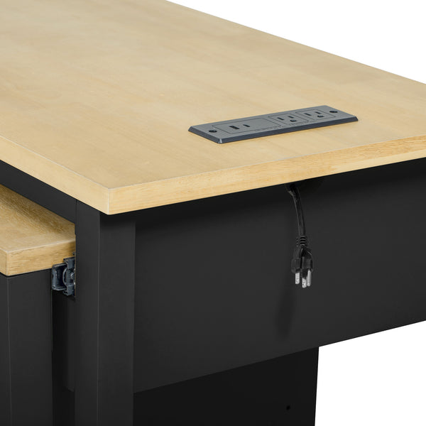 English Elm K&k Farmhouse Kitchen Island Extendable Table Rubber Wood Veneer Built-in Charging Storage Black N707S215327B