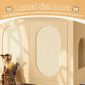 English Elm Cat Litter Box Cabinet with Sisal Doors Storage Drawer and Nightstand Surface N704P379111N