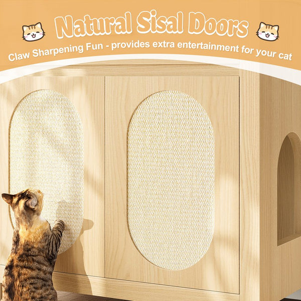 English Elm Cat Litter Box Cabinet with Sisal Doors Storage Drawer and Nightstand Surface N704P379111N