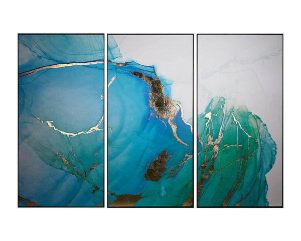 Sunpan BLUE LAGOON Triptych Canvas Set - 30" x 60" Charcoal Frame with Gold Leaf Accents for Elegance A0241