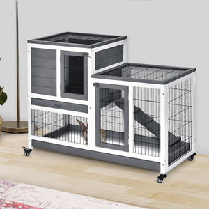 English Elm Pawhut Elevated Wooden Rabbit Hutch With Enclosed Run, Wheels & Removable Tray For Easy Care W2225P200855-GIGA
