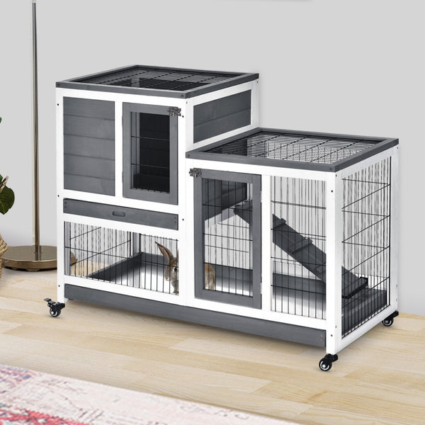 English Elm Pawhut Elevated Wooden Rabbit Hutch With Enclosed Run, Wheels & Removable Tray For Easy Care W2225P200855-GIGA