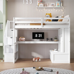 English Elm Full Full Size Loft Bed with Desk, Shelves, Two Drawers and Storage Staircase in Warm Wood Finish White GX000397AAK