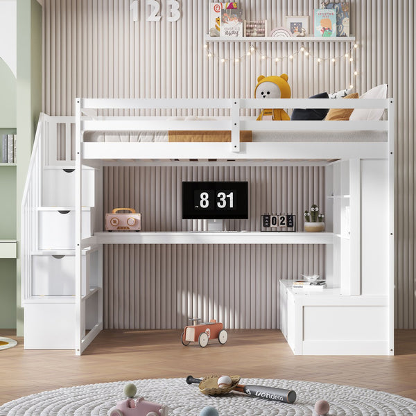 English Elm Full Full Size Loft Bed with Desk, Shelves, Two Drawers and Storage Staircase in Warm Wood Finish White GX000397AAK