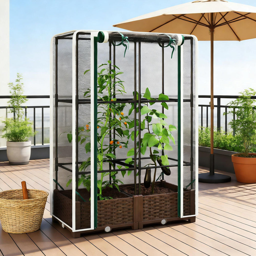 English Elm Crop Cage Raised Garden Bed with Trellis Mesh Enclosure and Built-in Water Reservoir T3971P454868