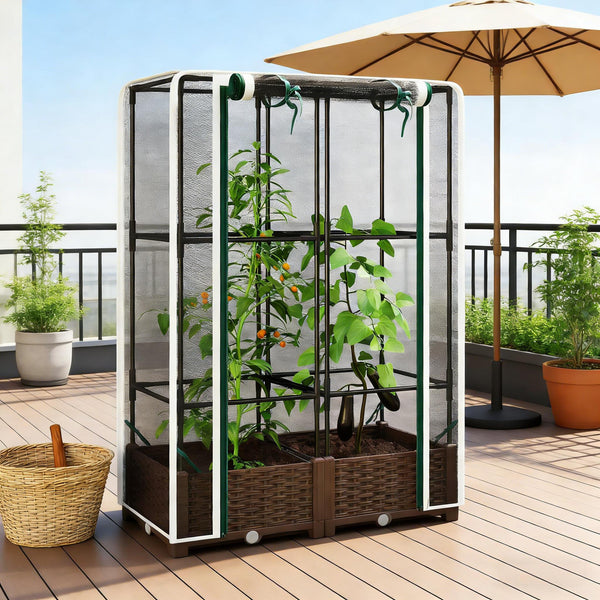 English Elm Crop Cage Raised Garden Bed with Trellis Mesh Enclosure and Built-in Water Reservoir T3971P454868