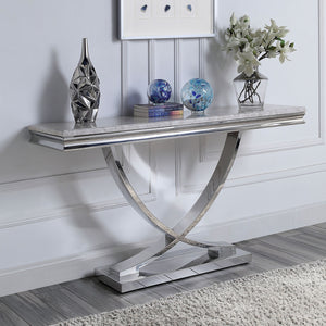 English Elm Glam Luxurious Sofa Table with Faux Marble Beveled Top and Curved Pedestal Base for Elegant Living Rooms Chrome 19 L x 58 W x 4 H B2741S00432