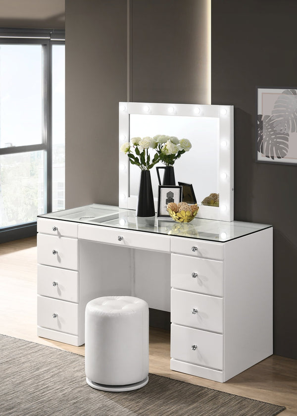 English Elm 3pc Vanity Set LED Lighted Mirror Glass Top with 9-Drawer Storage, Crystal Knobs & Swivel Stool White 59.96 L x 25.87 W x 2 H B2741S00142