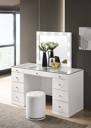 English Elm 2pc Vanity Set with LED Lighted Mirror Glass Top, 5 Drawers with Crystal Knobs and Stool White 59.96 L x 25.87 W x 2 H B2741S00145