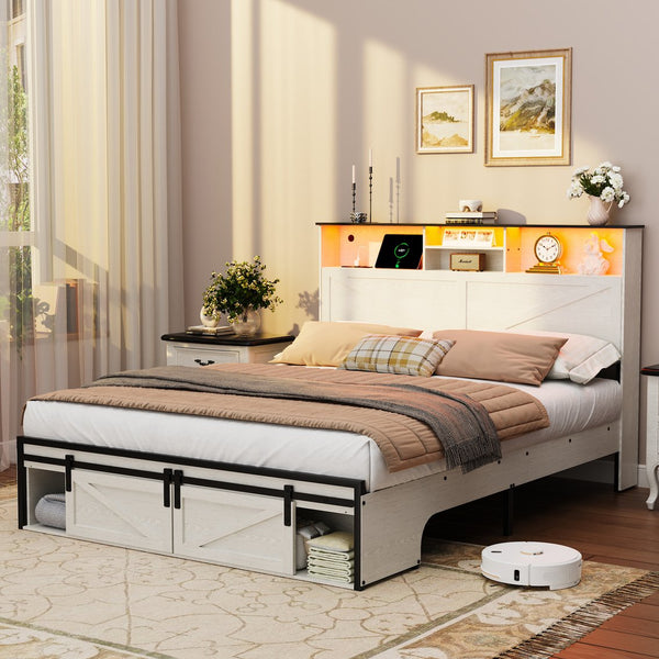 English Elm Farmhouse Full Size Bed Frame With Smart Storage, Charging Station, & Led Lights For Modern Comfort W1550P343689