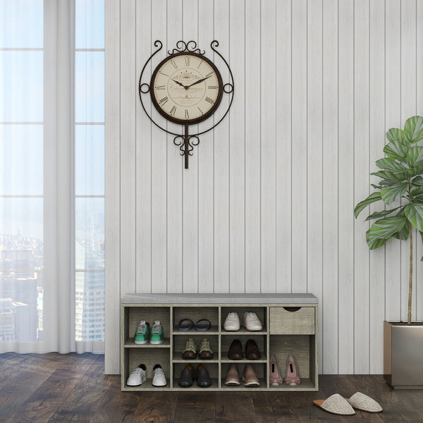 English Elm Storage Bench with Cushion, 10-Compartment Shoe Organizer, Drawer & 3-Tier Space for Entryway Use W3151P288934