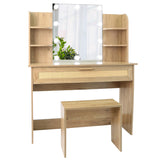 English Elm Vanity Desk Set Stool & Dressing Table With Led Lighting Mirror Drawer and Compartments Modern Wood Cosmetic Table Chest Of Drawers Nature Color