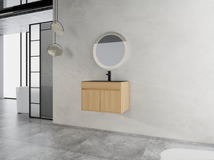 English Elm 28" Wall Mounted Bathroom Vanity with Gun-Gray Stainless Sink, Soft-Close Doors, Plywood, Oak Finish, KD W999P376889