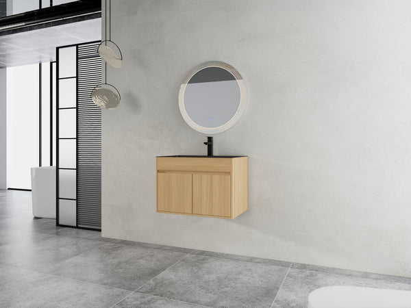 English Elm 28" Wall Mounted Bathroom Vanity with Gun-Gray Stainless Sink, Soft-Close Doors, Plywood, Oak Finish, KD W999P376889