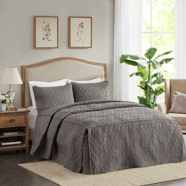 English Elm 3 Piece Madison Park Quebec Quilted Bedspread Set Dark Grey Queen – Pleated Split Corners, Antimicrobial Protection, 24" Drop Elegance B03597559