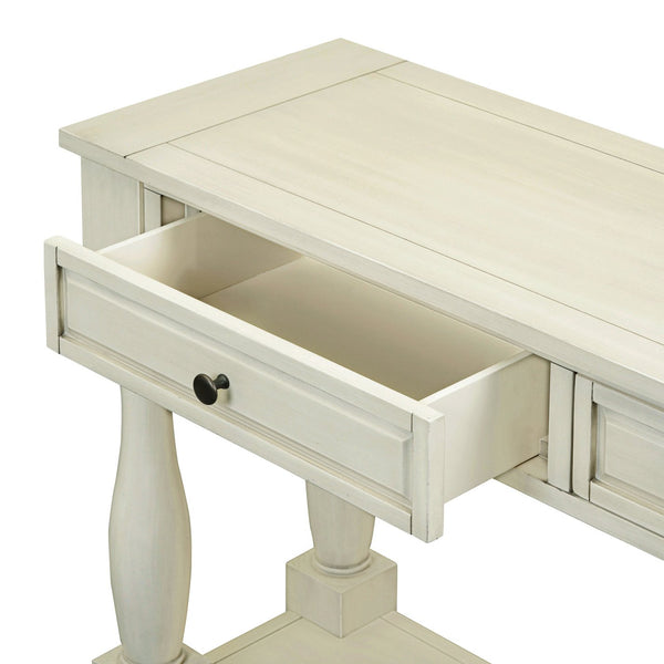 English Elm Trexm Distressed Entryway Console Table Three Drawers Open Shelf Mediterranean Wood Antique White N715P372052K