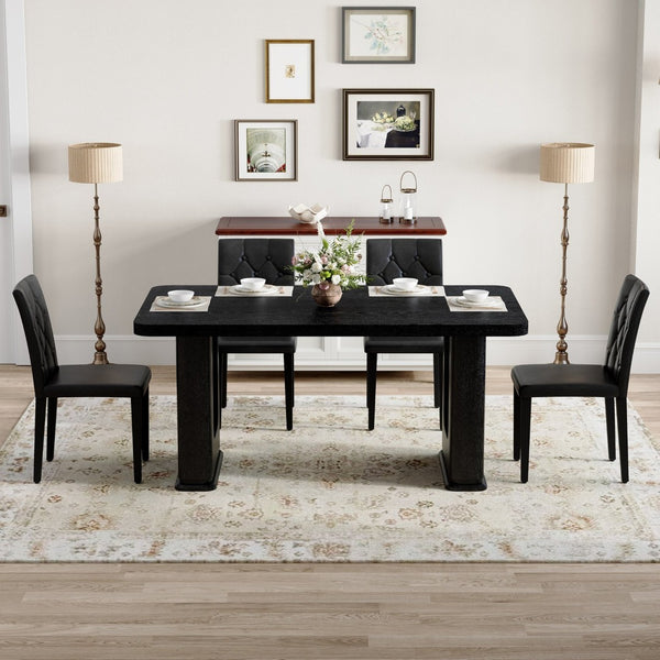 English Elm Table And Chair Set - Modern Black Wood Dining Table With Ergonomic Pu Leather Chairs For Comfort W1151S04311-GIGA