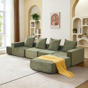 English Elm L-shaped Modular Sectional with Ottoman Corduroy Upholstery Four Seat Living Room Sofa Green W2699S00083